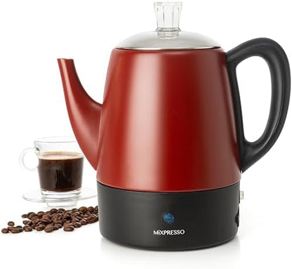 Mixpresso 4 Cup Red Small Electric Percolator Coffee Pot, Stainless Steel