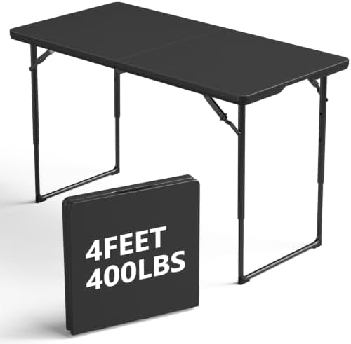 4FT Folding Table 3 Levels Adjustable Height, Heavy Duty Fold-in-Half Portable Table, 400 lbs Capacity Foldable Table for Party Dining Camping Events Picnic Outdoor Indoor Use