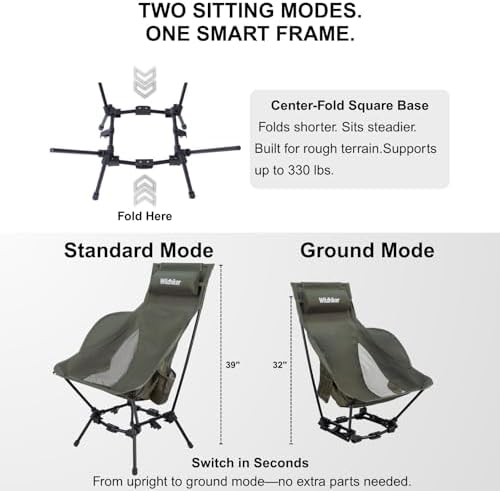 Wildhiker HuggleMode High Back Folding Camping Chair, 2 Seat Heights -Green