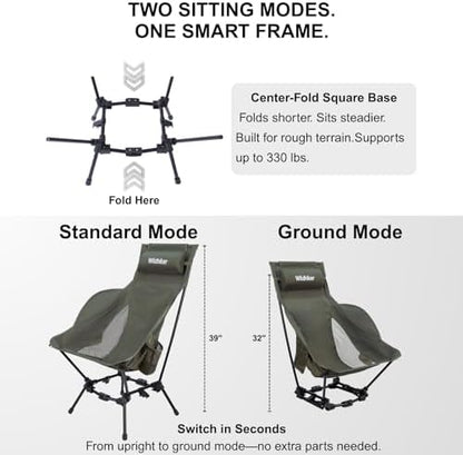 Wildhiker HuggleMode High Back Folding Camping Chair, 2 Seat Heights -Green