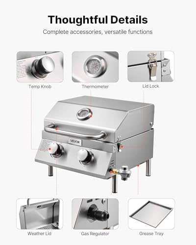 VEVOR Tabletop Gas Grill, 2-Burner Stainless Steel Portable Propane Grill, with Built-in Thermometer, Travel Locks, Weatherproof Lid, 15,000 BTU Total, for Outdoor Cooking, Patio, Party, Camping, RV