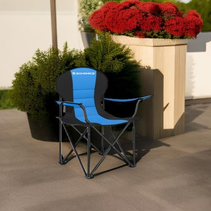 SONGMICS Folding Camping Chair, with Comfortable Sponge Seat, Cup Holder, Heavy Duty Structure, Max Load Capacity 551 lb, Outdoor Picnic Chair, Blue and Black UGCB06BU