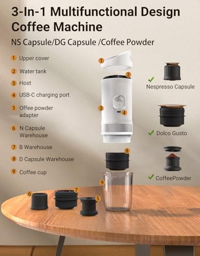 Portable Electric Espresso Machine, 3 IN 1 Self-Heating Travel Coffee Maker for Ground Coffee, NS Capsule&DG Capsule, 20 Bar Portable Coffee Maker with 9600mAh Battery for RV, Hiking, Office, Camp