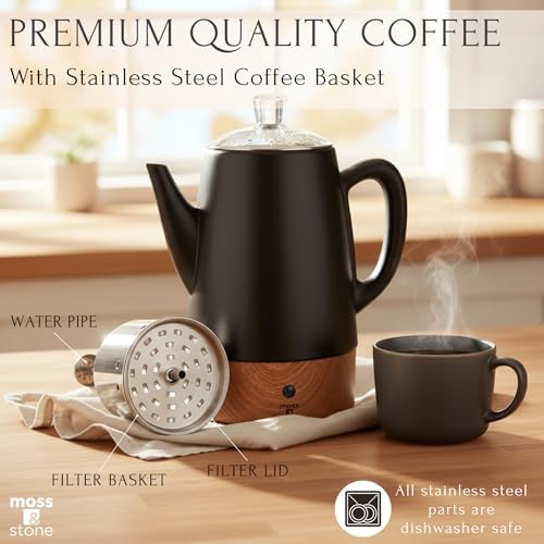 Moss & Stone 10 Cup Black Electric Percolator Coffee Pot, Stainless Steel