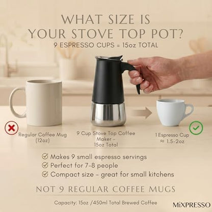 Mixpresso 9 Cup Greca Moka Pot, Stainless Steel Stovetop Espresso Maker