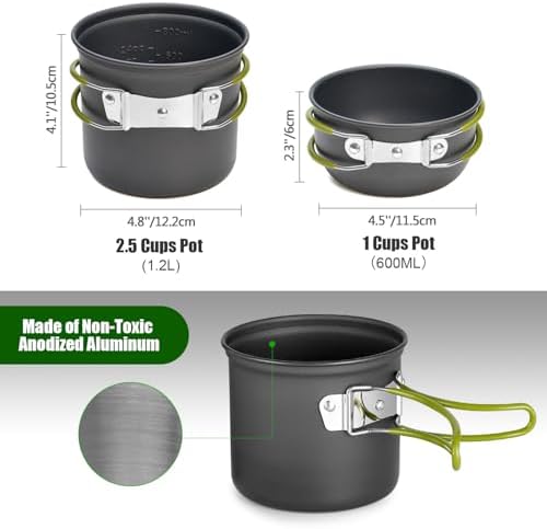 Odoland 8pcs Camping Cookware Mess Kit, Camping Pot and Pan Set with Mini Backpacking Stove, Stainless Steel Cup, Spork and Tank Bracket, Cooking Gear for Outdoor, Hiking, Picnic, Campfire