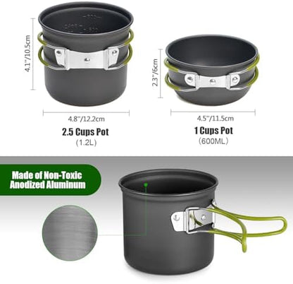 Odoland 8pcs Camping Cookware Mess Kit, Camping Pot and Pan Set with Mini Backpacking Stove, Stainless Steel Cup, Spork and Tank Bracket, Cooking Gear for Outdoor, Hiking, Picnic, Campfire