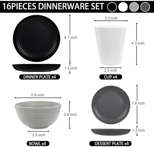 LIYH 16pcs Wheat Straw Dinnerware Sets Plastic Dinnerware Sets for 4 Plates and Bowls Sets Reusable Tableware Dish Set 8pcs Plates 4pcs Bowls 4pcs Cups Microwave Dishwasher Safe Four-color
