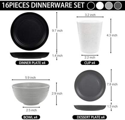 LIYH 16pcs Wheat Straw Dinnerware Sets Plastic Dinnerware Sets for 4 Plates and Bowls Sets Reusable Tableware Dish Set 8pcs Plates 4pcs Bowls 4pcs Cups Microwave Dishwasher Safe Four-color