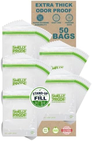 Smelly Proof 50pk Reusable Stand & Fill Food Storage Bags - BPA FREE, NO PEVA, Clear 3 mils STAND UP 6.5" x 7.5" - 50 pcs