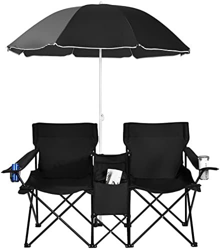 Goplus Double Camping Chairs with Umbrella, Cooler for Beach Patio