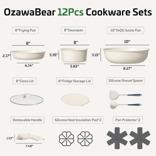 12 Pcs Pots and Pans Set Non Stick, Ceramic Cookware Set Non Toxic with Detachable Handles, Healthy Induction Cookware Oven Safe RV Kitchen Set, PFAS PFOA & PTFE Free, Cream White