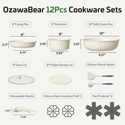 12 Pcs Pots and Pans Set Non Stick, Ceramic Cookware Set Non Toxic with Detachable Handles, Healthy Induction Cookware Oven Safe RV Kitchen Set, PFAS PFOA & PTFE Free, Cream White