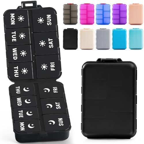 Foldable Portable 7 Day Pill Organizer 2 Times a Day, AM PM Weekly Pill Box