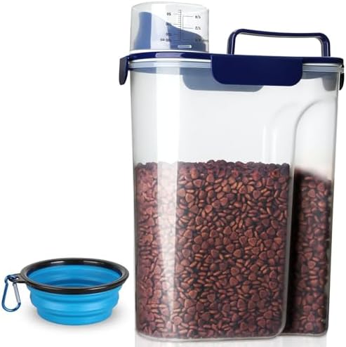 TIOVERY Dog Food Storage Container, 5-7 Lbs Airtight Pet Food Container, Cat food Container Dispenser with Portable Handle, Pouring Spout and a Collapsible bowl for Dogs Cats Navy Blue/6Qt