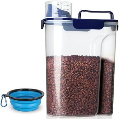 TIOVERY Dog Food Storage Container, 5-7 Lbs Airtight Pet Food Container, Cat food Container Dispenser with Portable Handle, Pouring Spout and a Collapsible bowl for Dogs Cats Navy Blue/6Qt