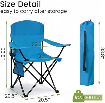 Folding Camping Chair with Cup Holder & Side Storage Bag 300lbs Capacity Lightweight High Back Portable for Beach, Picnic, Sport, Blue
