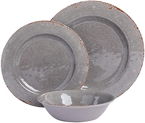 Gibson Home Mauna Melamine Plastic Dinnerware Set, Service for 4 (12pcs), Grey Rustic