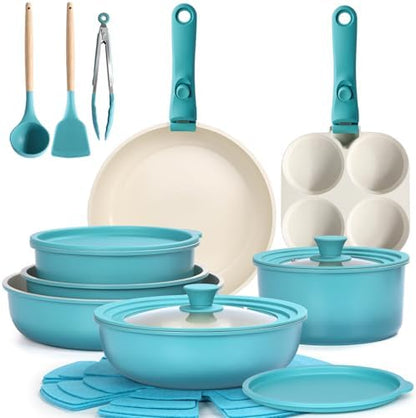 GIPP Pots and Pans Set Non Stick,Kitchen Cookware Set Detachable Handle, Non Toxic Cooking Pan Set with Frying Pans Set,RV Cookware Sets for All Stoves, Light Blue Gradient, 21PCS