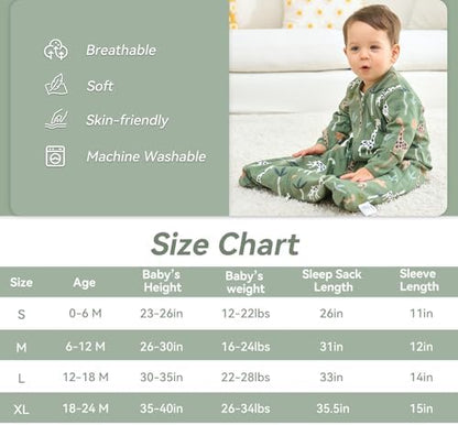 Baby Sleep Sack 6-12 Months, Long Sleeve Baby Wearable Blanket 0.5 Tog with Mittens, 2-Way Zipper Infant Cotton Sleeping Sack for Boy and Girl Green Giraffe 2 Pack (Medium)