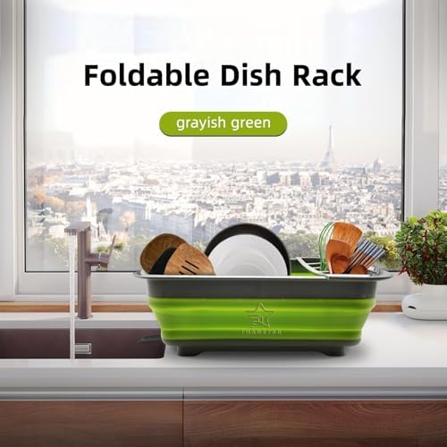 THANSTAR Collapsible Dish Drying Rack for RV Campers Portable Dinnerware Drainer Organizer for Kitchen Travel Trailer-Green