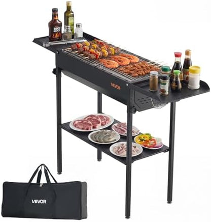 VEVOR Foldable Charcoal Grill, Portable Charcoal Barbecue Grill with Adjustable Height & Folding Side Tables, High-Temp Powder-Coated Steel Outdoor BBQ Grills for Camping Backyard Parties