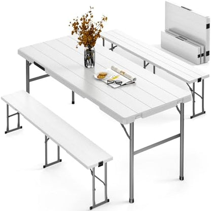 Folding Table with 2 Benches Set for Picnic, Party, Camping, School