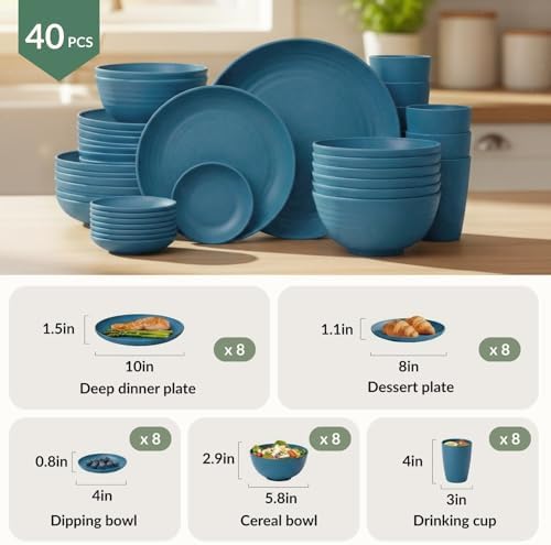 Homienly Wheat Straw Dinnerware Sets for 8, 40 Pcs Unbreakable Plates and Bowls Sets, Microwave Dishwasher Safe Dish Set, Reusable Plastic Dishes for Kitchen, Camping, Deep Plates for Salad (Blue)