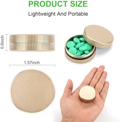 Metal Pill Case, 2Pack Aluminium Small Medication Containers for Pocket Purse, Travel Waterproof Vitamin Organizer Box, Portable Tiny Round Medicine Dispenser Caddy for Camping, Working - Gold