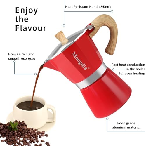 Mongdio Stovetop Espresso Maker Moka Pot, Cuban Coffee Maker Stove top coffee maker Moka Italian Espresso Greca Coffee Maker Brewer Percolator, 12 Espresso Cups, 20 oz - Red