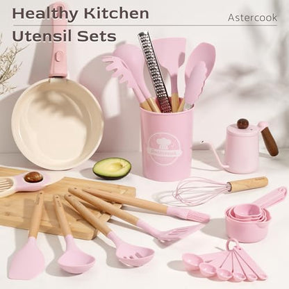 Astercook Kitchen Utensils set, 39 PCS Silicone Cooking Utensils Set with Wooden Handle, 446°F Heat Resistant Food Grade Utensil Sets, BPA Free Kitchen Gadgets Tools Set for Nonstick Cookware (Pink)