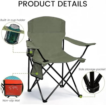 Folding Camping Chair with Cup Holder & Side Storage Bag 300lbs Capacity Lightweight High Back Portable for Beach, Picnic, Sport, Green