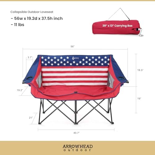 ARROWHEAD OUTDOOR 2-Pack Portable Folding Camp Loveseat Chair w/Glass & Cup Holders, Heavy Duty Carry Bag, 650 lbs Weight Capacity