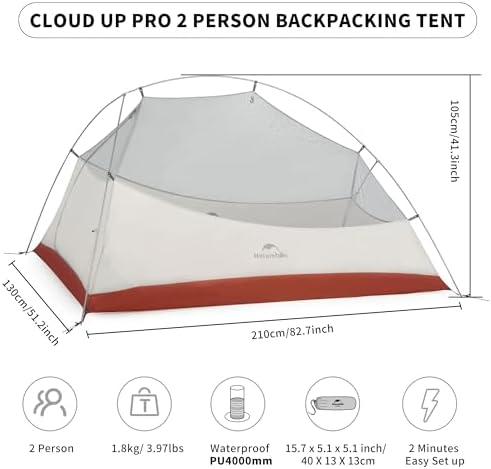 Naturehike Cloud-Up 2 Person Tent Lightweight Backpacking Tent with Footprint - Free Standing Ultralight Camping Hiking Backpack Tents Two Person Tent