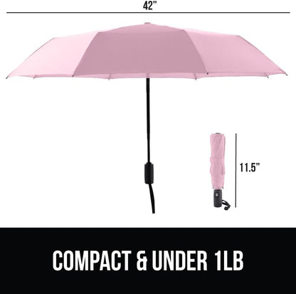 GORILLA GRIP Strong Stick Umbrella for Rain, Compact Travel One-Click Automatic Open Close, Lightweight, Portable, US Designed Reinforced Fiberglass Ribs, Wind Resistant, Easy Collapse, Pink