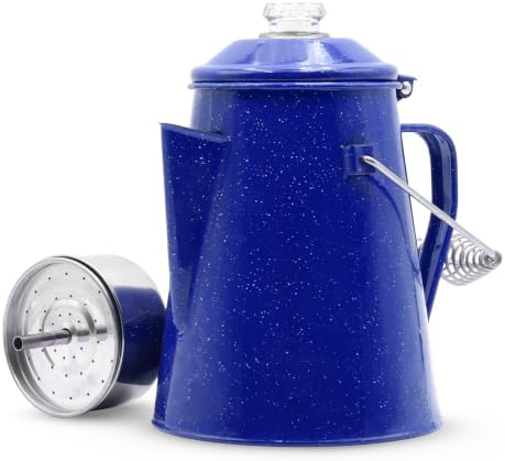 WILD Deluxe Camping Percolator Coffee Pot - Glazed Enamel Finish - Stainless Steel Internal Components - Hanging Handle - Clearview Glass Top - 10 Cups