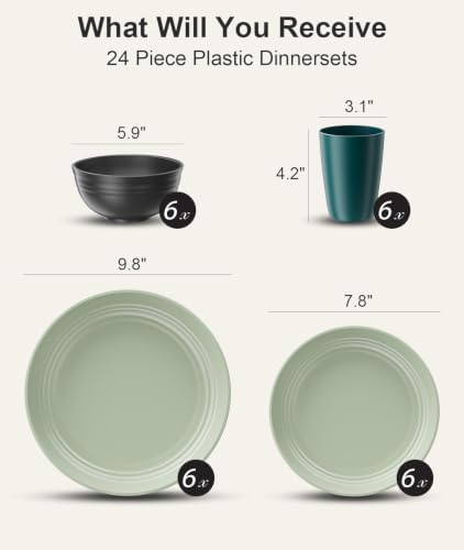 Quatish 24 Pcs Plates and Bowls Sets, Plastic Dinnerware Sets for 6, Green