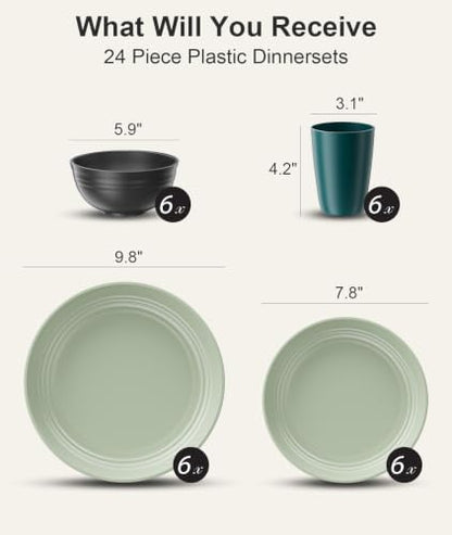 Quatish 24 Pcs Plates and Bowls Sets, Plastic Dinnerware Sets for 6, Green