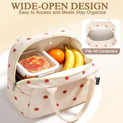 FlowFly Insulated Lunch Bag for Women – Corduroy Lunch Tote Box, Cute Cooler Bag for Work, Travel, Picnic, Corduroy Strawberries Beige