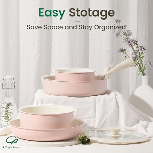 Chef Power Ceramic Nonstick Pots and Pans Set 19 Piece with Detachable Handle, Induction Dishwasher Oven Safe Cookware Set, RV Kitchen Set Removable Handle (Light Pink)