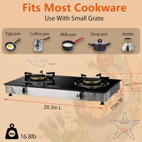 2 Burner Propane Gas Stove with Auto Ignition, 29000 BTU High-Efficiency Heavy-Duty Tempered Glass Cooktop, CSA Regulator & Hose Included, for Outdoor Camping Emergency