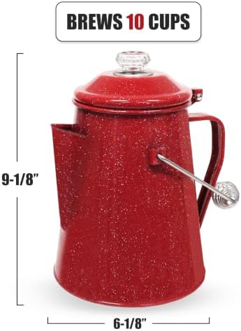WILD Deluxe Camping Percolator Coffee Pot - Glazed Enamel Finish - Stainless Steel Internal Components - Hanging Handle - Clearview Glass Top - 10 Cups