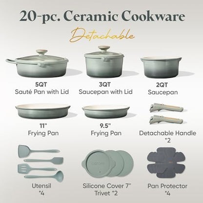 CAROTE 20pcs Titanium Cookware Set, Pots and Pans Set Detachable Handle