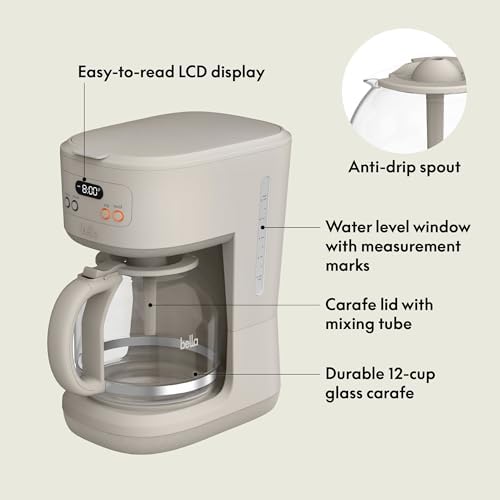 bella 12-Cup Programmable Coffee Maker with No-Drip Glass Carafe, Oatmilk