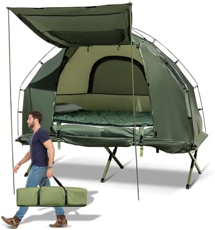 GYMAX Tent Cot, 5-in-1 Folding Camping Cot with Mattress & Pillows, Sleeping Bags, Sunshade, Camping Tent Elevated with Carrying Bag for Outdoor Hiking, Fishing, Picnic (1-Person)