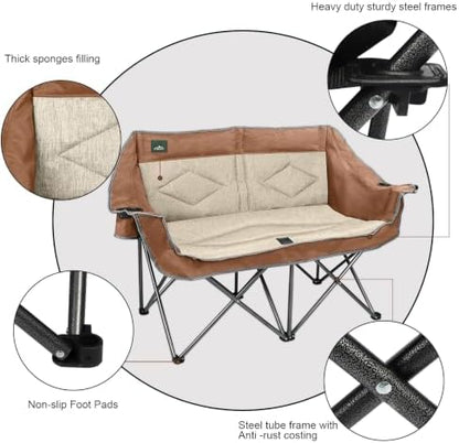 Northroad Folding Loveseat Camping Chair Portable Double Duo Full Padded Garden Sofa Chair for 2 Person w/ 2 Cup Holder,Wine Glass Holder,Support 600lbs for Outdoor Travel (Moca)