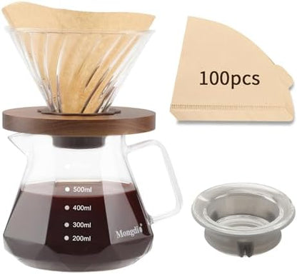 Mongdio Pour Over Coffee Maker, 20 oz Glass Coffee Maker, 600ml, Clear
