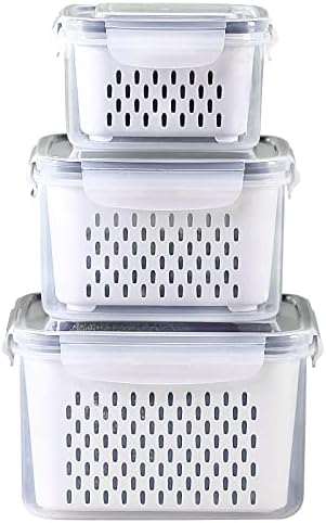 3Pack Fridge Food Storage Container Set with Lids with Strainer, Fruit Vegetable Storage Containers Keep Fruits, Vegetables, Berry, Meat Fresh longer, BPA-Free Plastic Produce Keepers