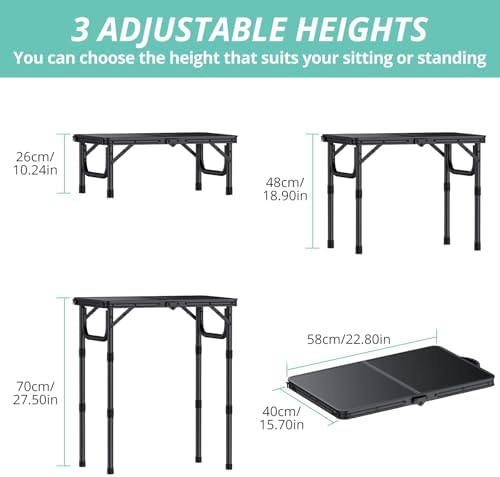 VINTEAM Camping Folding Table with Adjustable Height, Lightweight Portable Outdoor Picnic Table, BBQ Grill Side Table, Durable Aluminum Frame, MDF Desktop for Camping, Fishing, RV, Beach (Black)