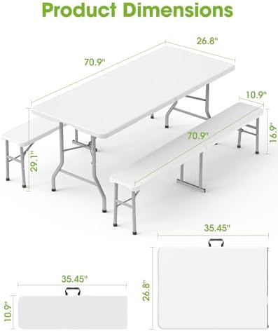 Pureegg 6FT Folding Table and 2 Chairs Set, Sturdy, Picnic, White